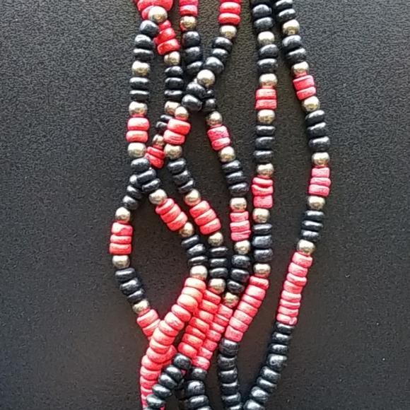 Necklace 6 Strand 24" Red and Black - Picture 4 of 4